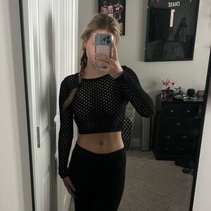 Black Mesh Long Sleeve Crop Top